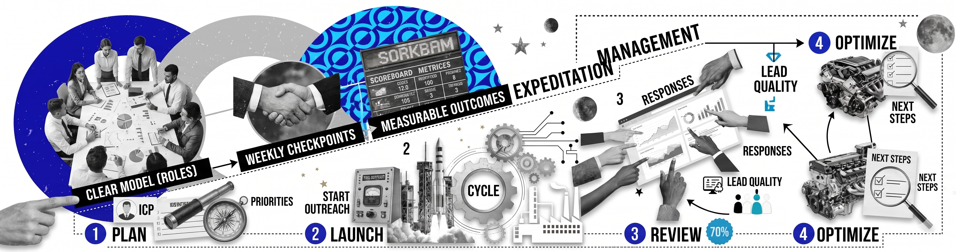 Framework process illustration showing plan, launch, review, and optimize cycle